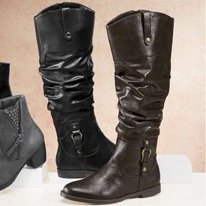 Black Knee High Slouchy Flat Boots Wide Fit Style